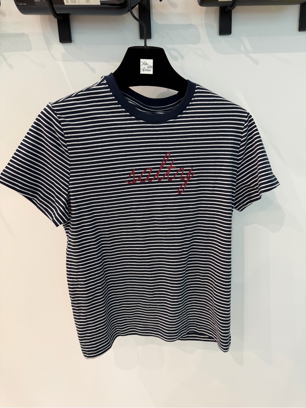 Pact Navy & White Striped Tee with Red Script